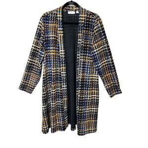 Susan Graver XL/P Plaid Houndstooth Open Cardigan Duster Black Blue Gold Knit